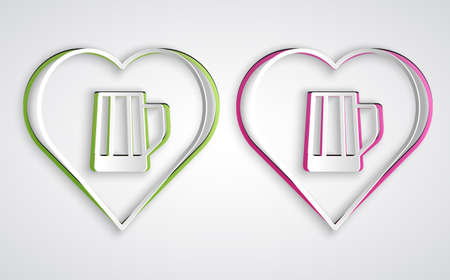 Paper cut Heart with glass of beer icon isolated on grey background. Paper art style. Vectorのイラスト素材