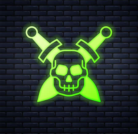 Glowing neon Crossed medieval sword with skull icon isolated on brick wall background. Medieval weapon. Vectorのイラスト素材