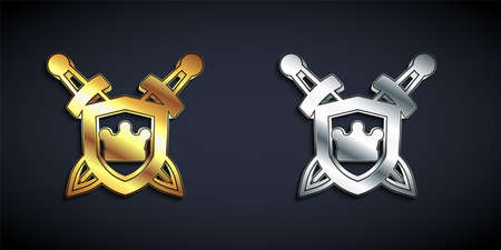 Gold and silver Medieval shield with crossed swords icon isolated on black background. Long shadow style. Vectorのイラスト素材