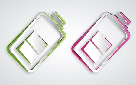 Paper cut Battery charge level indicator icon isolated on grey background. Paper art style. Vectorのイラスト素材