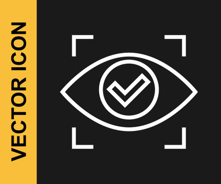 White line Eye scan icon isolated on black background. Scanning eye. Security check symbol. Cyber eye sign. Vectorのイラスト素材