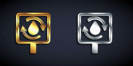 Gold and silver Recycle clean aqua icon isolated on black background. Drop of water with sign recycling. Long shadow style. Vectorのイラスト素材