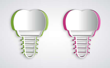 Paper cut Dental implant icon isolated on grey background. Paper art style. Vector