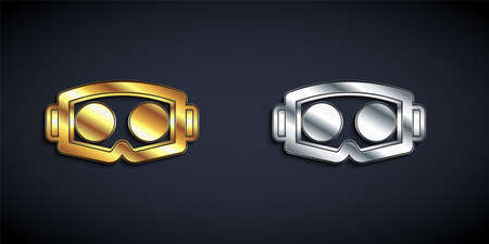 Gold and silver Virtual reality glasses icon isolated on black background. Stereoscopic 3d vr mask. Optical head mounted display. Long shadow style. Vectorのイラスト素材