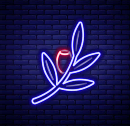 Glowing neon line Olives branch icon isolated on brick wall background. Colorful outline concept. Vectorのイラスト素材