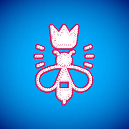 White Queen bee icon isolated on blue background. Sweet natural food. Honeybee or apis with wings symbol. Flying insect. Vectorのイラスト素材