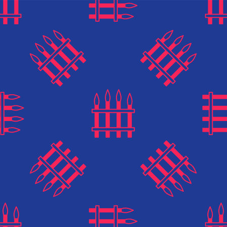 Red Classic iron fence with metal pillars icon isolated seamless pattern on blue background. Ancient wrought iron fence. Vectorのイラスト素材
