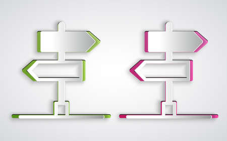 Paper cut Road traffic sign. Signpost icon isolated on grey background. Pointer symbol. Isolated street information sign. Direction sign. Paper art style. Vectorのイラスト素材