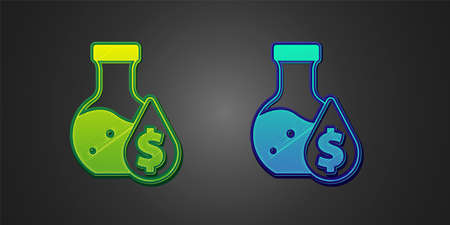 Green and blue Oil petrol test tube icon isolated on black background. Cmemistry flask and falling drop. Vectorのイラスト素材