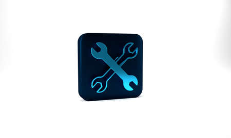 Blue Wrench spanner icon isolated on grey background. Spanner repair tool. Service tool symbol. Blue square button. 3d illustration 3D renderの写真素材