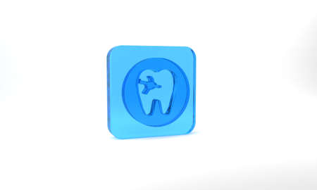 Blue Tooth with caries icon isolated on grey background. Tooth decay. Glass square button. 3d illustration 3D renderの写真素材