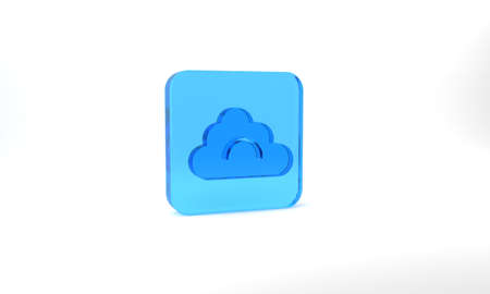 Blue Cloud icon isolated on grey background. Glass square button. 3d illustration 3D renderの写真素材