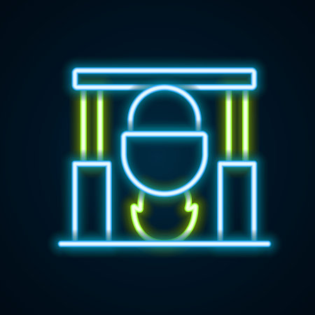 Glowing neon line Campfire and pot icon isolated on black background. Fire camping cooking in cauldron on firewood and flame. Colorful outline concept. Vectorのイラスト素材