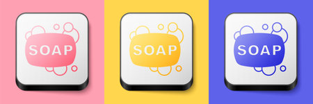 Isometric Bar of soap icon isolated on pink, yellow and blue background. Soap bar with bubbles. Square button. Vectorのイラスト素材