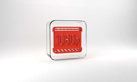 Red Full HD 1080p icon isolated on grey background. Glass square button. 3d illustration 3D render