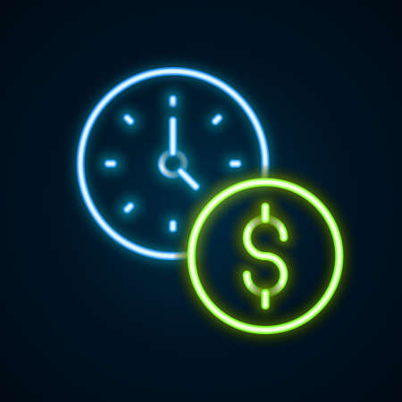 Glowing neon line Time is money icon isolated on black background. Money is time. Effective time management. Convert time to money. Colorful outline concept. Vectorのイラスト素材