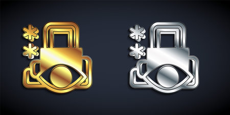 Gold and silver Cyber security icon isolated on black background. Closed padlock on digital circuit board. Safety concept. Digital data protection. Long shadow style. Vectorのイラスト素材