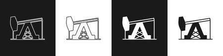 Set Oil pump or pump jack icon isolated on black and white background. Oil rig. Vectorのイラスト素材