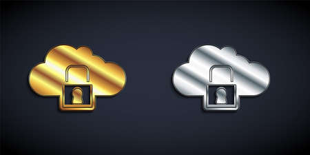 Gold and silver Cloud computing lock icon isolated on black background. Security, safety, protection concept. Protection of personal data. Long shadow style. Vectorのイラスト素材