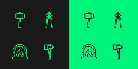 Set line Hammer, Blacksmith oven, Sledgehammer and pliers tool icon. Vectorのイラスト素材