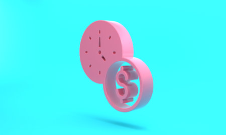 Pink Time is money icon isolated on turquoise blue background. Money is time. Effective time...
