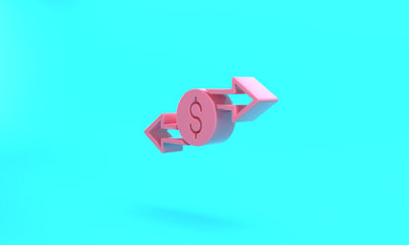 Pink Money exchange icon isolated on turquoise blue background. Cash transfer symbol. Banking currency sign. Minimalism concept. 3D render illustrationの写真素材