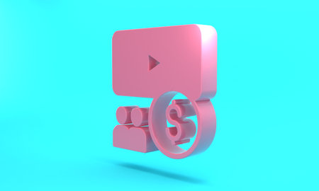 Pink Cinema auditorium with screen icon isolated on turquoise blue background. Minimalism concept. 3D render illustrationの写真素材