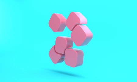 Pink Sugar cubes icon isolated on turquoise blue background. Sweet, nutritious, tasty. Refined sugar. Minimalism concept. 3D render illustrationの写真素材