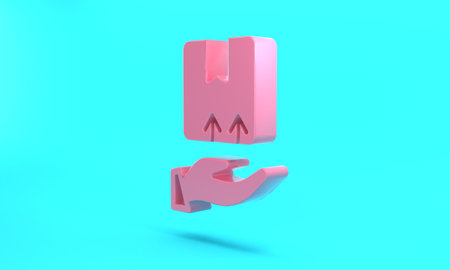 Pink Delivery hand with cardboard boxes icon isolated on turquoise blue background. Door to door delivery by courier. Minimalism concept. 3D render illustrationの写真素材