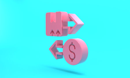 Pink Tax carton cardboard box icon isolated on turquoise blue background. Box, package, parcel sign. Delivery and packaging. Minimalism concept. 3D render illustrationの写真素材