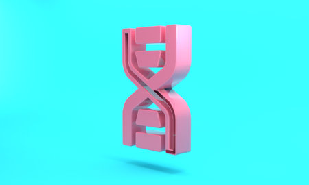 Pink DNA symbol icon isolated on turquoise blue background. Minimalism concept. 3D render...