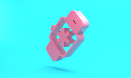 Pink Smart watch showing heart beat rate icon isolated on turquoise blue background. fitness app concept. Minimalism concept. 3D render illustration.の写真素材