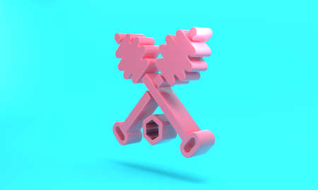 Pink Honey dipper stick icon isolated on turquoise blue background. Honey ladle. Minimalism concept. 3D render illustration.の写真素材