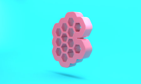 Pink Honeycomb icon isolated on turquoise blue background. Honey cells symbol. Sweet natural food. Minimalism concept. 3D render illustration.の写真素材