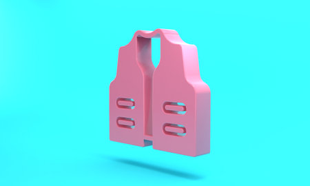 Pink Fishing jacket icon isolated on turquoise blue background. Fishing vest. Minimalism concept. 3D render illustrationの写真素材