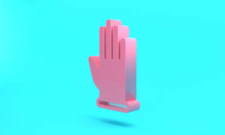 Pink Rubber gloves icon isolated on turquoise blue background. Latex hand protection sign. Housework cleaning equipment symbol. Minimalism concept. 3D render illustration.の写真素材