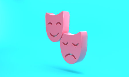 Pink Comedy and tragedy theatrical masks icon isolated on turquoise blue background. Minimalism concept. 3D render illustrationの写真素材