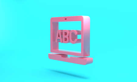 Pink Laptop icon isolated on turquoise blue background. Computer notebook with empty screen sign. Minimalism concept. 3D render illustrationの写真素材