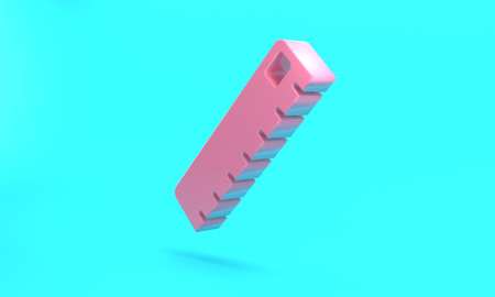 Pink Ruler icon isolated on turquoise blue background. Straightedge symbol. Minimalism concept. 3D render illustrationの写真素材