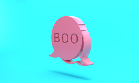 Pink Boo speech bubble icon isolated on turquoise blue background. Happy Halloween party. Minimalism concept. 3D render illustrationの写真素材