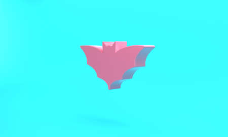 Pink Flying bat icon isolated on turquoise blue background. Happy Halloween party. Minimalism concept. 3D render illustrationの写真素材