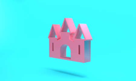 Pink Castle icon isolated on turquoise blue background. Medieval fortress with a tower. Protection from enemies. Reliability and defense of the city. Minimalism concept. 3D render illustrationの写真素材