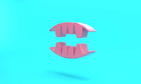 Pink Vampire teeth icon isolated on turquoise blue background. Happy Halloween party. Minimalism...