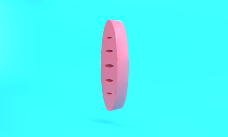 Pink French baguette bread icon isolated on turquoise blue background. Minimalism concept. 3D render illustrationの写真素材
