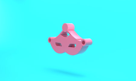 Pink Carnival mask icon isolated on turquoise blue background. Masquerade party mask. Minimalism concept. 3D render illustrationの写真素材