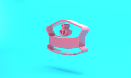 Pink Captain hat icon isolated on turquoise blue background. Minimalism concept. 3D render illustrationの写真素材