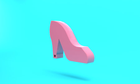 Pink Woman shoe with high heel icon isolated on turquoise blue background. Minimalism concept. 3D render illustrationの写真素材
