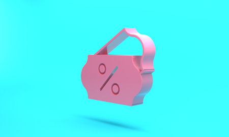 Pink Discount percent tag icon isolated on turquoise blue background. Shopping tag sign. Special offer sign. Discount coupons symbol. Minimalism concept. 3D render illustrationの写真素材