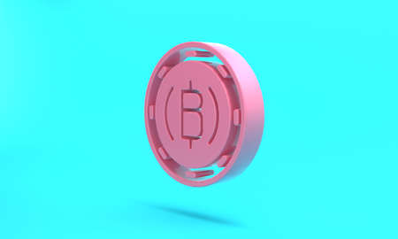 Pink Cryptocurrency coin Bitcoin icon isolated on turquoise blue background. Physical bit coin. Blockchain based secure crypto currency. Minimalism concept. 3D render illustrationの写真素材