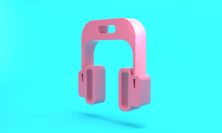 Pink Headphones icon isolated on turquoise blue background. Earphones. Concept for listening to music, service, communication and operator. Minimalism concept. 3D render illustrationの写真素材